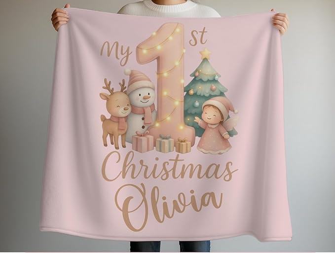 Personalized Baby's First Christmas Blanket, Custom Teddy Bear Snowman Baby Name Christmas Blanket, Soft Fleece Or Sherpa Throw, Baby Shower, Made in USA