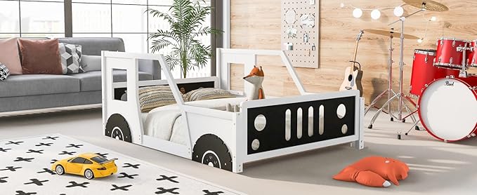 Full Size Classic Car-Shaped Platform Bed Frame for Boys Girls Kids Toddler with Wheels,White