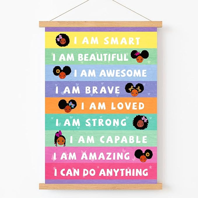 Qswo Positive Affirmations Wall Decor for Girls,I Am Smart Black Girl Wall Art Poster Hanger Frame,Inspirational Hanging Canvas Wall Decor for Girls Room Dorm Nursery
