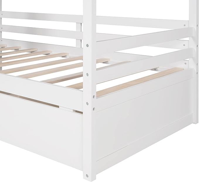 Merax Twin Size House Bed with 2 Drawers, Twin House Shaped Bed Frame for Boys Girls, Wooden Bed Frame Twin Size with Roof, No Box Spring Needed, White