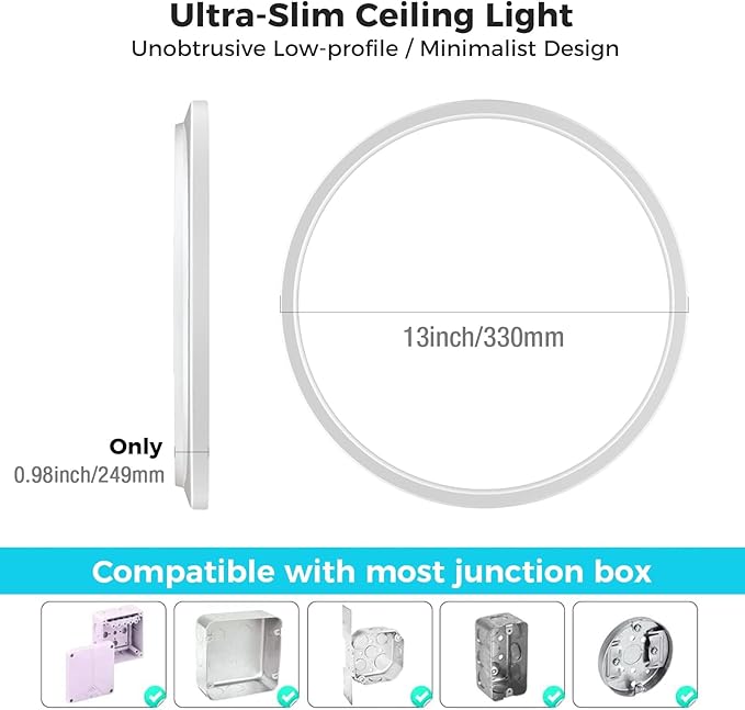 libtit 13 Inch Led Flush Mount Ceiling Light Fixtures,3200lm 28W 3 Color 3000K 4500K 6000K Selectable, Low Profile Thin Surface Mount Lighting Fixture for Bathroom Kitchen Office (White, 12 Pack)