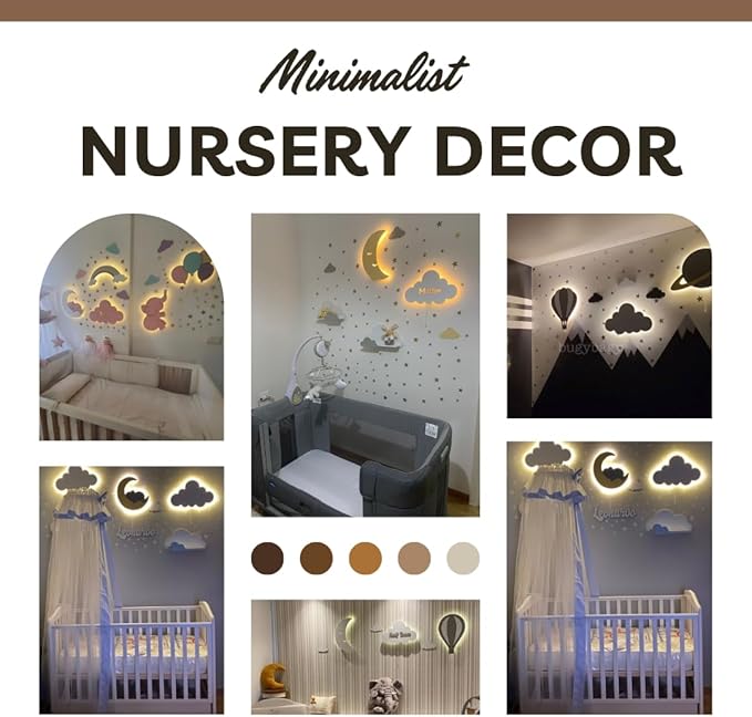 BugyBagy Nursery Wall Lamp Set – 3 Hand Painted Night Lights for Baby Room (Hot Air Balloon, Cloud, Elephant on Moon) + Bonus Wall Stickers – Soft Linen Colors Pink or Blue (Blue Theme 2)