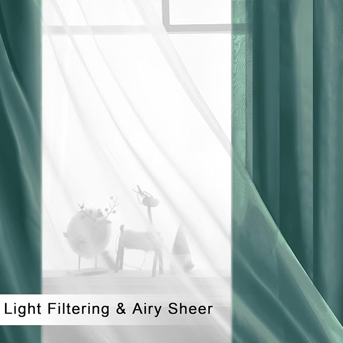 Hiasan Blackout Curtains with Sheer Overlay, Thermal Insulated Privacy Mix & Match Double Layer Window Curtains for Christmas,Girls Bedroom, 2 Drape Panels with Tiebacks, Hunter Green, 52W X 63L