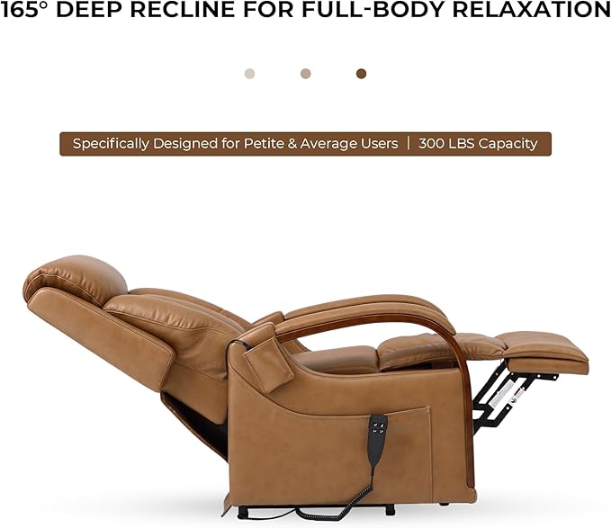 DYNOX Small Lift Chair Recliner with Heat and Massage, Dual Motor Power Lift Sofa for Elderly,Infinite Adjust for Back and Footrest,Side Pocket(9185,Genuine Leather,Camel