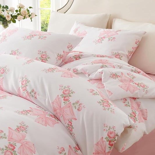 Pink Bow Duvet Cover Full 3Pcs Pink Floral Bedding Set for Girls Kids,Cute Princess Style Bowknot Bedding,Ultra Soft Garden Flower Bedding with 2 Pillowcases(No Comforter)