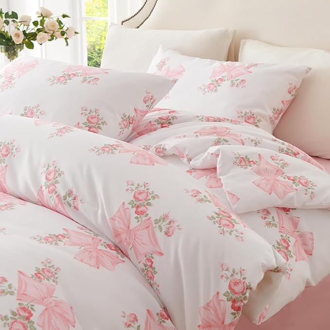 Pink Bow Duvet Cover Twin 2Pcs Pink Floral Bedding Set for Girls Kids,Cute Princess Style Bowknot Bedding,Ultra Soft Garden Flower Bedding with 1 Pillowcase(No Comforter)