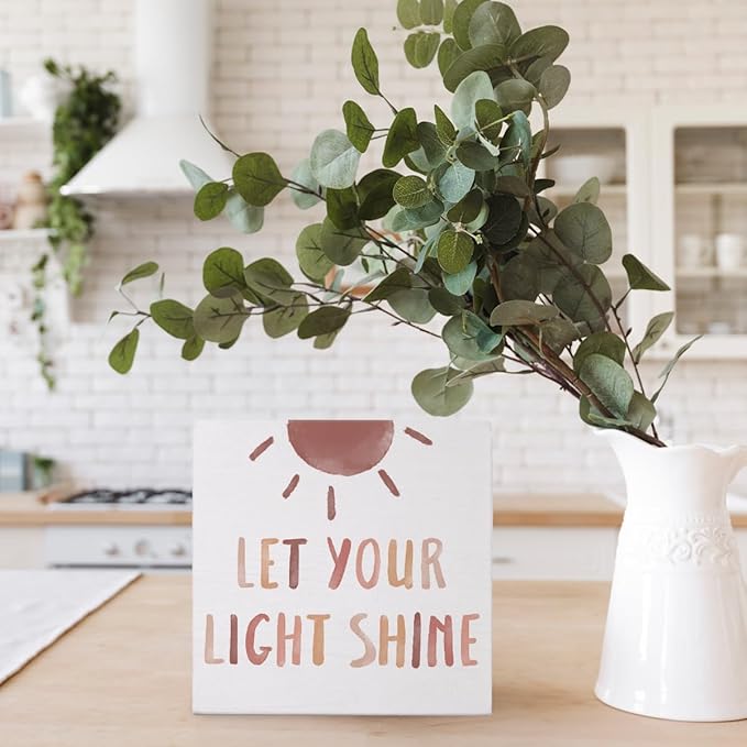 Boho Neutral Baby Girl Boy Nursery Decor - Let Your Light Shine Christian Wood Box Sign Desk Decor, Toddler Girl Room Decor, Christian Desk Decor Bible Verse Decor, 5x5