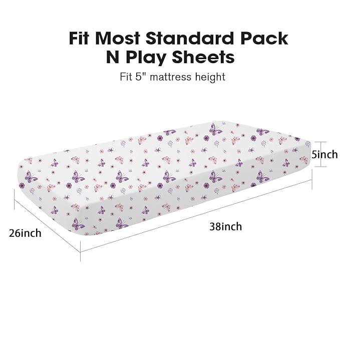 Little Grape Land Pack and Play Sheets Mini Crib Sheets Soft Breathable Pack N Play Sheets, Playard Fitted Sheet 2 Pack Stretchy Fits 38"x26" Playard Mattress, Purple Butterfly