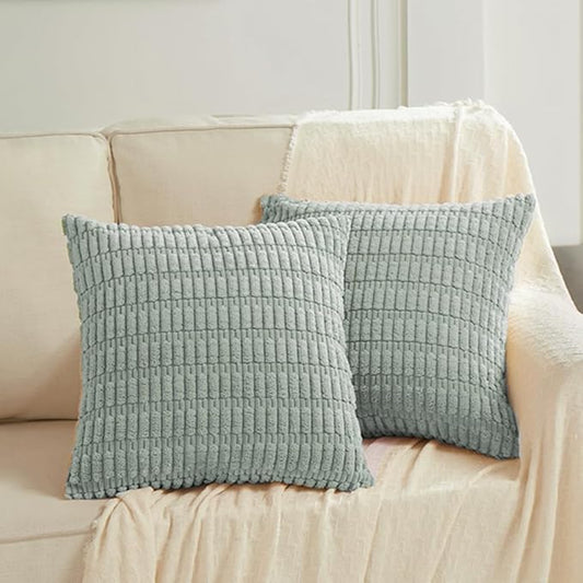 Fancy Homi 2 Packs Grey Blue Decorative Throw Pillow Covers 20x20 Inch for Living Room Couch Bed Sofa, Soft Striped Corduroy Square Cushion Case 50x50 cm, Rustic Farmhouse Boho Home Decor