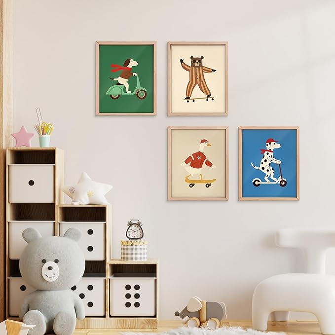 VONTP Kids Animal Nursery Wall Art Decor, Retro Dog Goose Bear Nursery Prints Poster Wall Decorations for Kids Boy Nursery Toddler Room Bedroom Playroom, 8x10 Inch Set of 4 (Unframed)