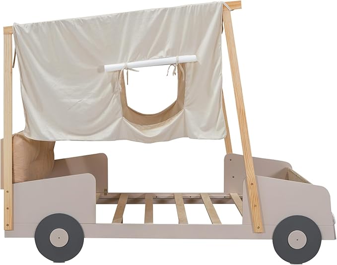 Full Size Car Bed with Pillow & Car Headlights Shaped LED Light,Wood Kid Bed Frame W/Ceiling Cloth & Magazine Holder,Toy Bedroom Furniture for Boys Toddlers Child,Natural