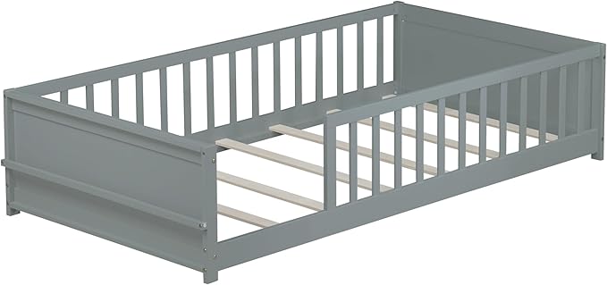 Floor Bed with Rails Twin Size, Wood Montessori Floor Bed with Storage Bookcase, Kids Bed Frame with Fence for Boys Girls, Gray