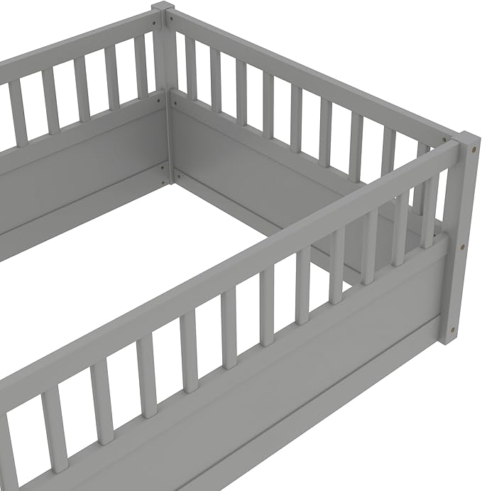 Bellemave Twin Size Floor Bed with high Rails for Kids, Girls, Boys, Wood Montessori Floor Bed Without Door, Gray