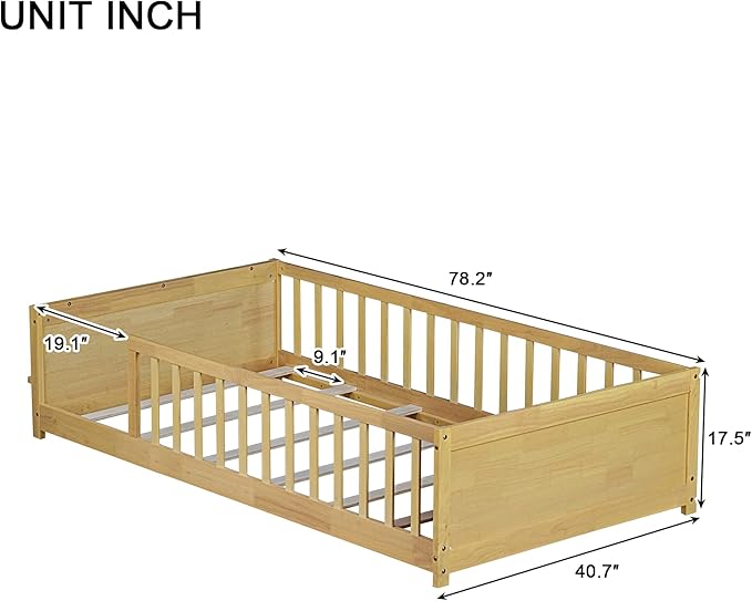 Twin Size Kids Montessori Floor Bed,Twin Floor Bed Frame with Slats and Bookcase,Solid Wood Montessori Bed for Girls Boys,Natural