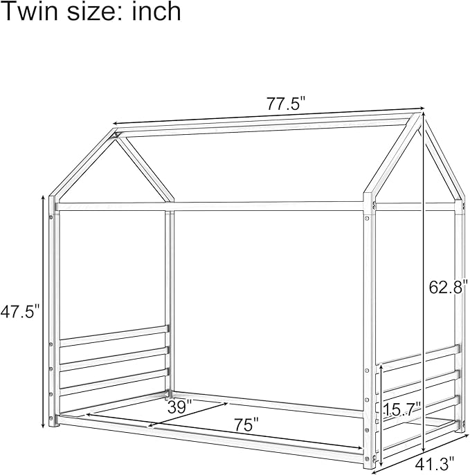 Harper & Bright Designs Twin Size Floor Bed Frame for Kids, House Bed with Roof and Guardrail, Metal Montessroi Floor Bed for Boys Girls, Easy Assemble, No Slats,Black