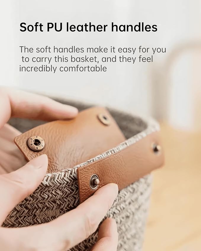 Medium Cotton Woven Basket with PU Leather Handle, Baby Kids Clothes Toys Candy Gifts Cotton Rope Organizer, Living Room Bathroom Shower Storage Laundry Basket, Dog Cat Bed, Cute Decor, Coffee