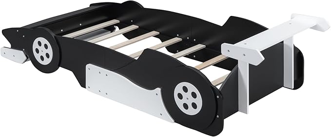 Flieks Twin Size Race Car-Shaped Platform Bed Frame for Boys Girls Kids Adults Toddler with Wheels,Black
