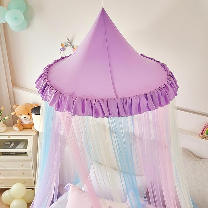 Kertnic Rainbow Bed Canopy for Girls Dreamy Mosquito Net for Bed Round Dome Princess Bed Canopy Girl Room Play Tent Kids Canopy Bed Netting Curtains (Single Layer- Purple)