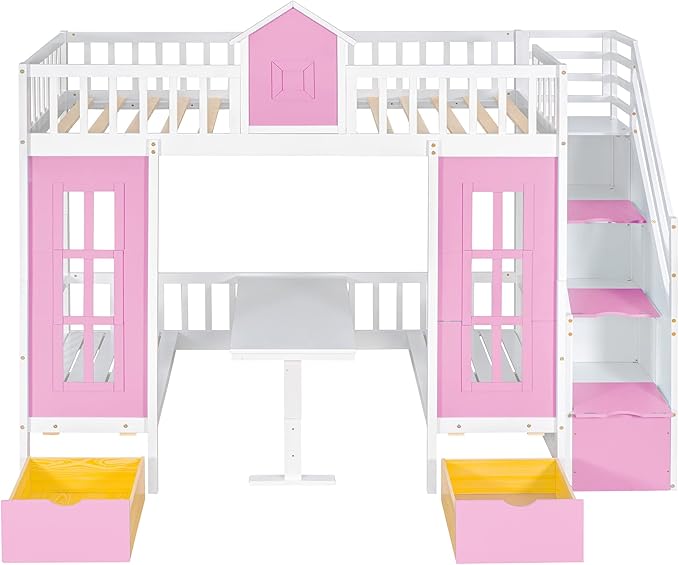Twin Over Twin Castle House Loft Bed with Stairs and Storage Drawers,Solid Wood Princess Convertible Bunk Bed with Desk and Seat (Pink (Convertible))