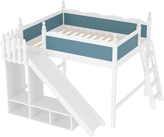SOFTSEA Full Size Loft Bed with Slide & Storage, Wood Loft Bed with Open Shelves and Cabinet, High Lofted Bed with Convertible Slide and Ladder for Kids Teens Adults, Blue + White