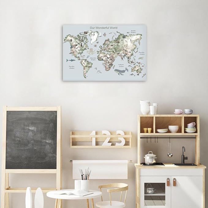 Educational Posters for Toddlers 1-3, Toddler Learning Poster for Kids Ages 3-5, World Map Canvas Print Nursery Preschool Homeschool Kindergarten Classroom Decor 12x18 Inch Unframed B