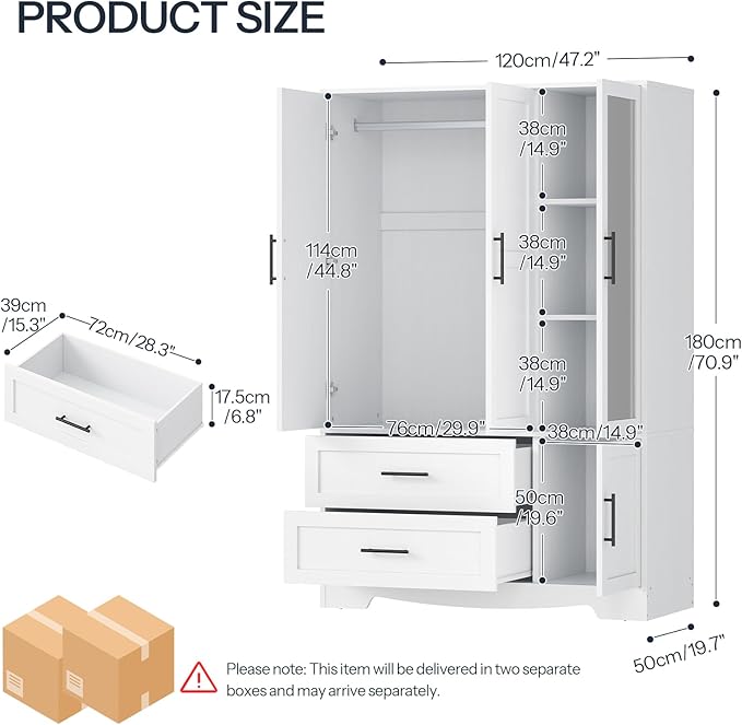 HOOBRO Armoire Wardrobe Closet with Mirror, Wooden Wardrobe Closet with 4 Doors and 2 Drawers, 70.9" Bedroom Armoire with Hanging Rod for Bedroom, Clothing Storage Closets, Adjustable Shelves, White
