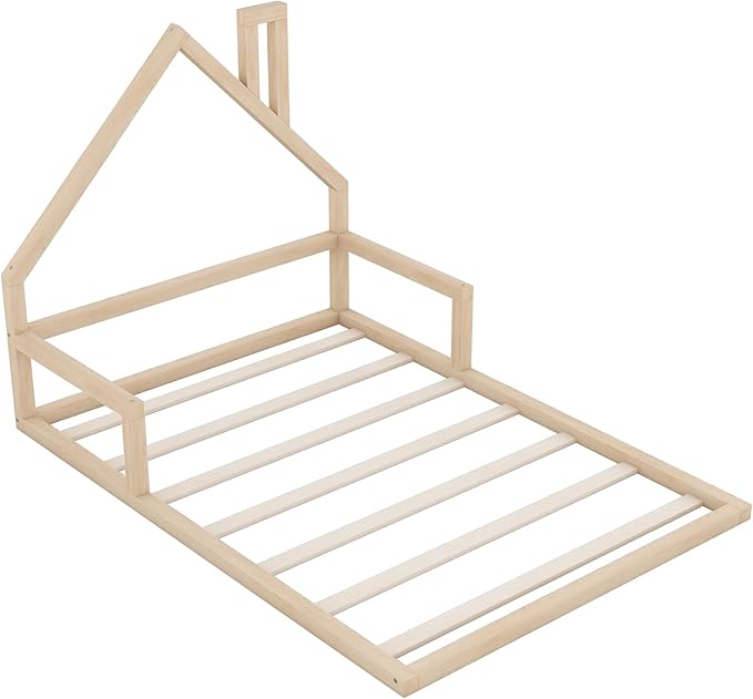 Full Size Wood Floor Bed with House-shaped Headboard and a Chimney,Bedroom Simple Modern Bed Frame W/ Playful Design & No Box Spring Required,for Kids Teens Girls Boys,Natural