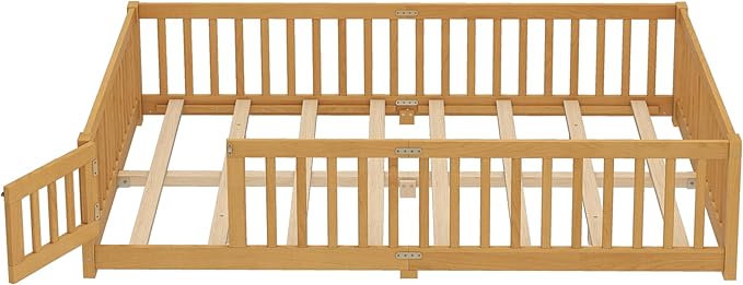 Bellemave Queen Size Floor Bed Frame with Slats and Safety Guardrail, Wood Queen Size Montessori Floor Bed with Door and Fence, Easy Assemble Montessori Beds for Kids, Girls, Boys, Natural