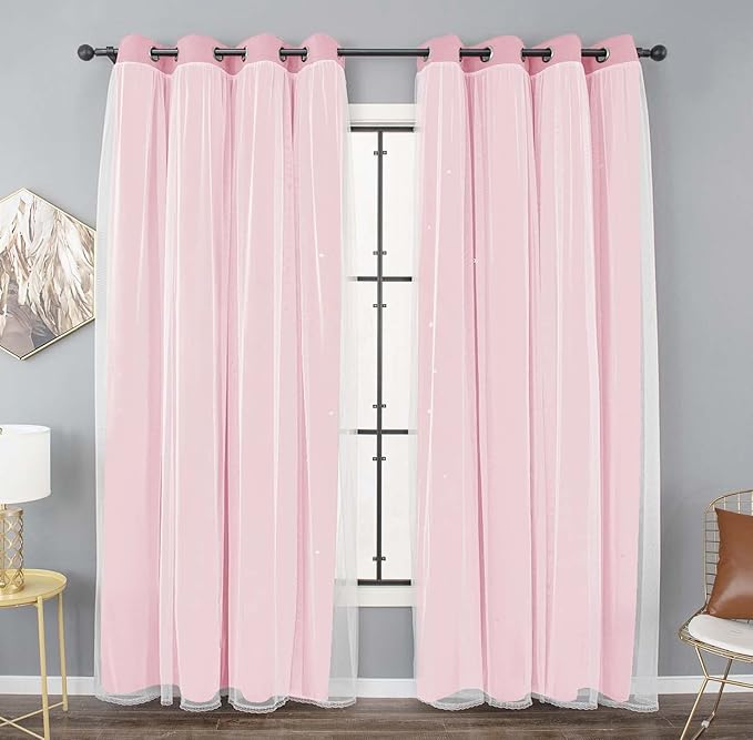 Kinryb Princess Curtains for Girls Bedroom with Sheer Overlay,Double Layer Curtain for Living Room with Star Cutout, Curtains for Kids Room (52 W*108 L Inches,2 Pcs Pink)