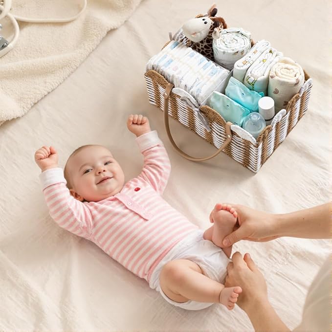 HBlife Large Baby Diaper Caddy, Paper Rope Storage Baskets Nursery Bin with Removable Divider, Portable Car Organizer for Diapers, Baby Shower Gifts, Newborn Essentials Must Haves