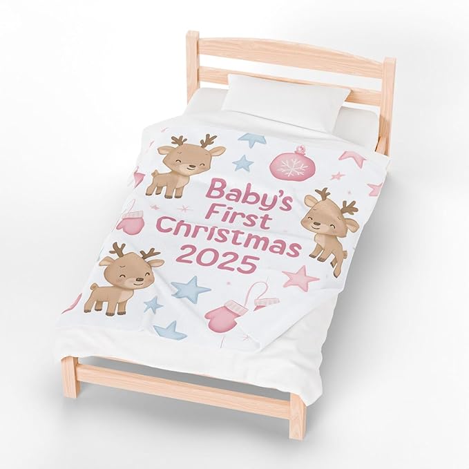 Personalized Baby's First Christmas Blanket, Custom Reindeer Nursery Baby Name Christmas Blanket, Soft Fleece Or Sherpa Throw, Baby Shower, Made in USA