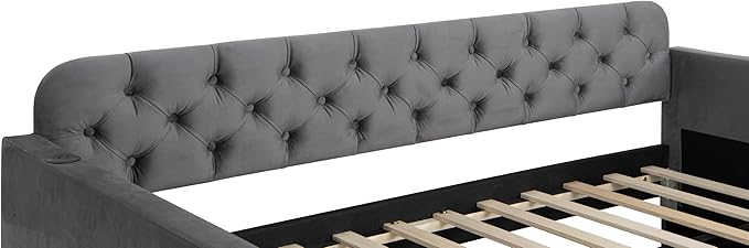 Bellemave Twin Upholstered daybed with Trundle and USB Charging, Velvet Tufted Sofa Bed Twin Size, daybed with Trundle for Adults, Kids, Girls, Teens, for Living Room, Dark Grey