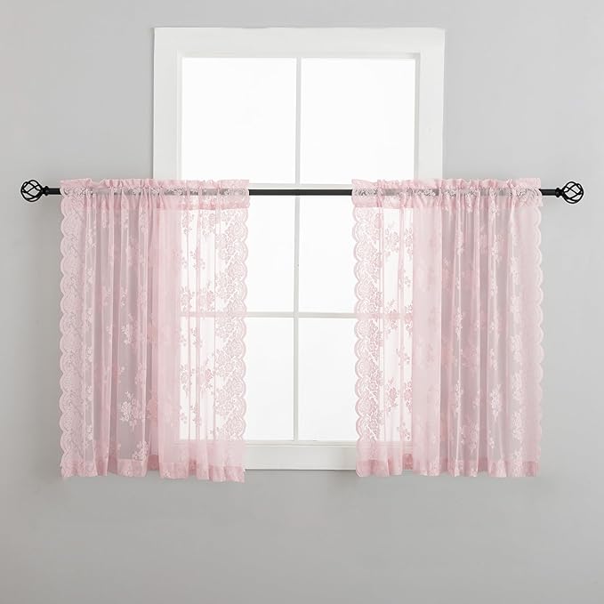 Kotile Pink Lace Curtains 54 Inch Length, 2 Panels, W42 x L54 Inch Each, Country Rustic Floral Pink Sheer Curtains for Bedroom, Rod Pocket Privacy Light Filtering Sheer Lacy Curtain for Windows