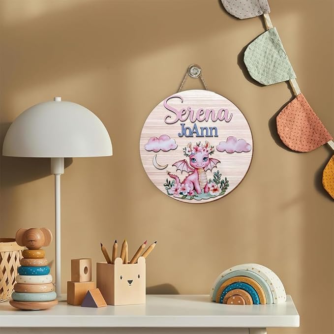 Personalized Wooden Name Sign | Dragon Door Sign for Room Decor, Nursery Wall Art, Girls Bedroom Decor, Playroom Wall Hanging