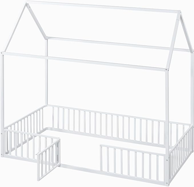 Bellemave Twin Size Kids House Bed - Metal Montessori Floor Bed with Fence and Door, White