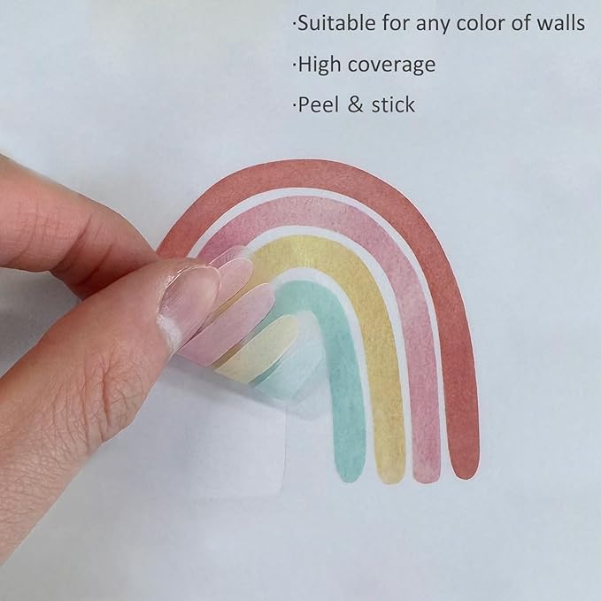 Watercolor Rainbow Wall Decals for Girls Bedroom 36 Pcs, Rainbow Stickers for Wall Mural Vinyl Peel and Stick DIY Decorations (6 Sheets)