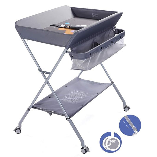 Baby Changing Table Portable Folding Diaper Changing Station with Wheels, Adjustable Height Mobile Nursery Organizer with Safety Belt and Large Storage Racks for Newborn Baby and Infant, Gray