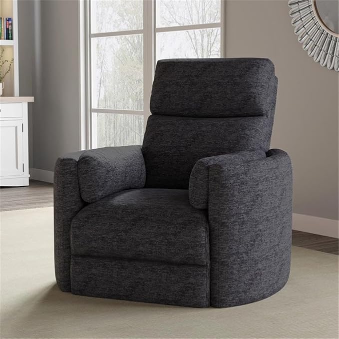 Pemberly Row Polyester Fabric Power Swivel Glider Recliner in Black with USB Charging Ports and 2 Comfort Pillows for Living Room