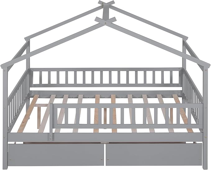 Full House Bed with 2 Storage Drawers, Kids Full Bed Frame with Rails and Roof, Tent Bed, Wooden Full Daybed, Full Montessori Bed for Kids Teens Girls & Boys, No Box Spring Needed (Gray)