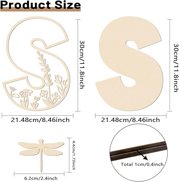 Layered 12 Inch Large Wooden Letters for Wall Decor, Flowered Paintable Wooden Nursery Letters for Crafts Wood Alphabet Letter S for Birthday Boho Nursery Name Sign Wedding Home Decoration