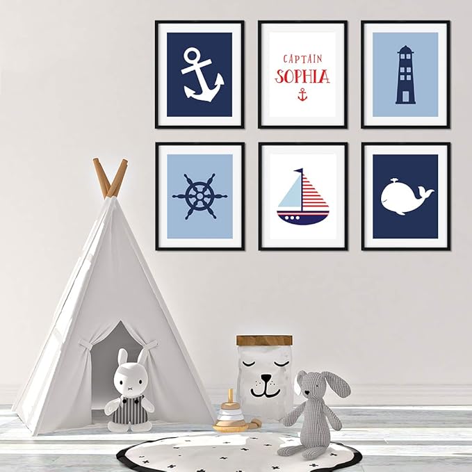 Andaz Press Personalized Ocean Nautical Sailor Theme Nursery Kids Bedroom Hanging Wall Art Decor, 8.5x11-inch, Navy Blue Theme, Boat, Anchor, Lighthouse, 6-Pack, Custom Unframed Room Poster