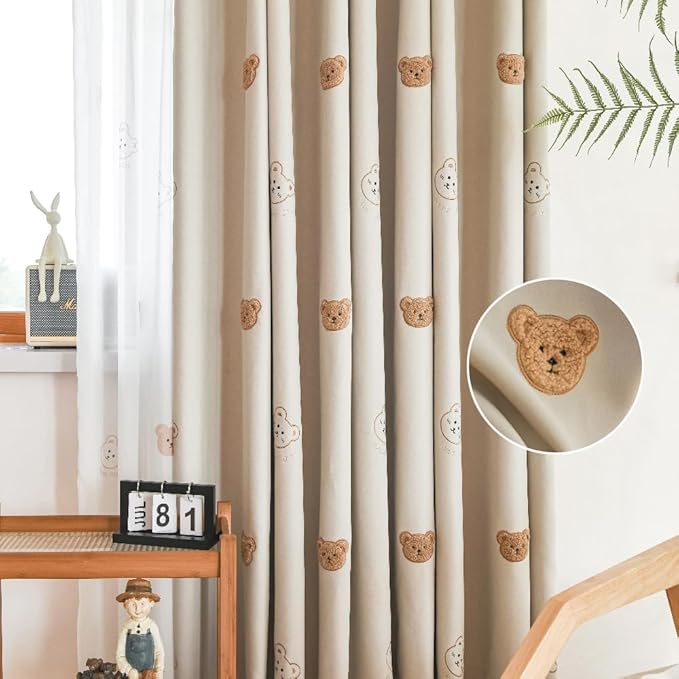 Cartoon Bears Kids Blackout Curtains for Babys Bedoom Living Room Grommet Top Beige Embroidery 3D Bear Darkening Curtain for Nursery Baby Room 1 Panel (W55 L94 inch,Beige)