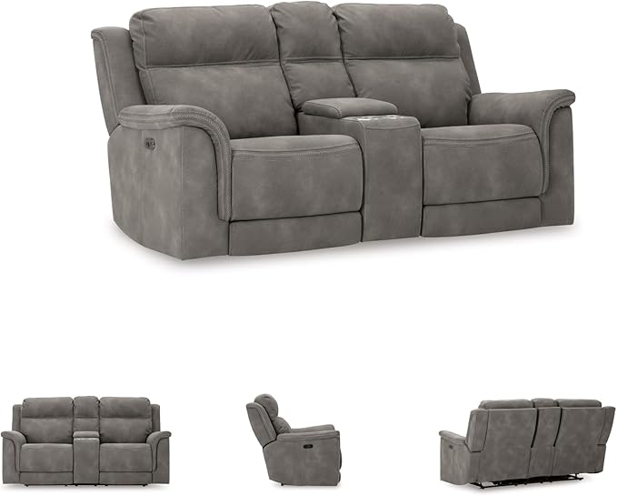 Signature Design by Ashley Next-Gen DuraPella Power Reclining Loveseat with Console & Adjustable Headrest, USB, Faux Leather, 76" W x 42" D x 42" H, Slate