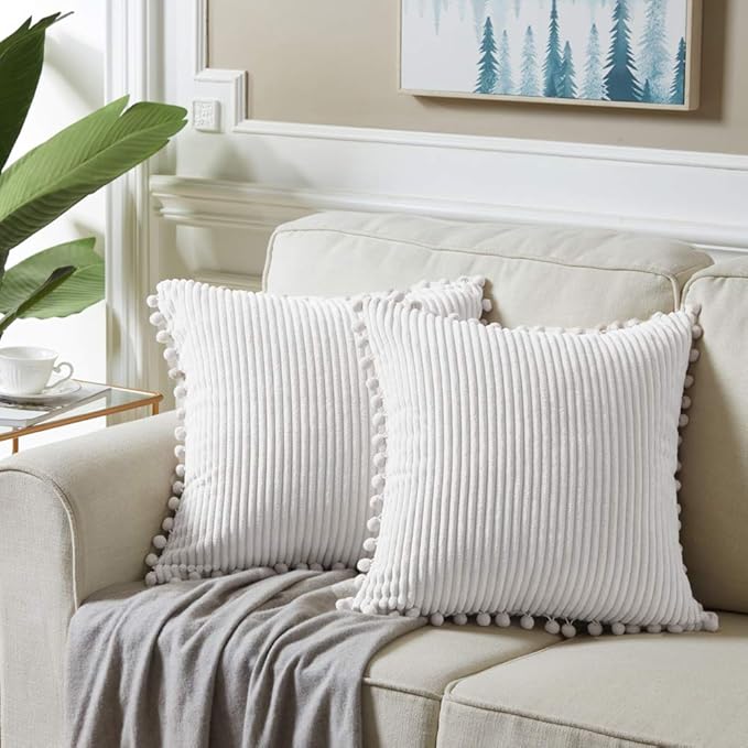 Fancy Homi Pack of 2 White Boho Decorative Throw Pillow Covers with Pom-poms, Soft Corduroy Solid Square Cushion Cases Set for Couch Living Room Bedroom Sofa Car (18x18 Inch/45x45 cm, Pure White)