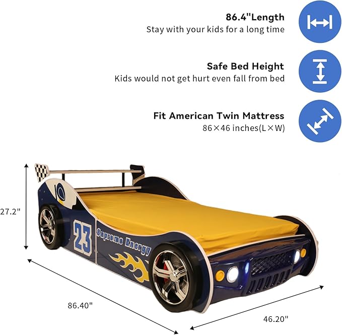 LKTART Car Bed Twin Size for Kids, Race Car Shaped Wooden Platform Bed Frame with Headboard Wheels and Support Slats for Boys Toddlers Child's Bedroom (Blue)
