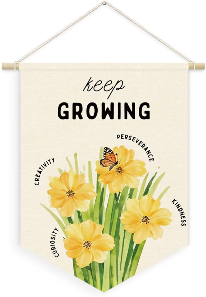 Plant Flower Classroom Decor, Keep Growing Motivational Linen Canvas Banner, Growth Mindset Positive Affirmations Wall Hanging Pennant Banner for Classroom Door Playroom Homeschool Decor, 15x11