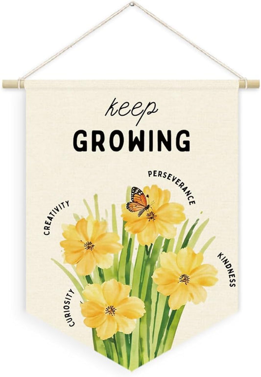 Plant Flower Classroom Decor, Keep Growing Motivational Linen Canvas Banner, Growth Mindset Positive Affirmations Wall Hanging Pennant Banner for Classroom Door Playroom Homeschool Decor, 15x11