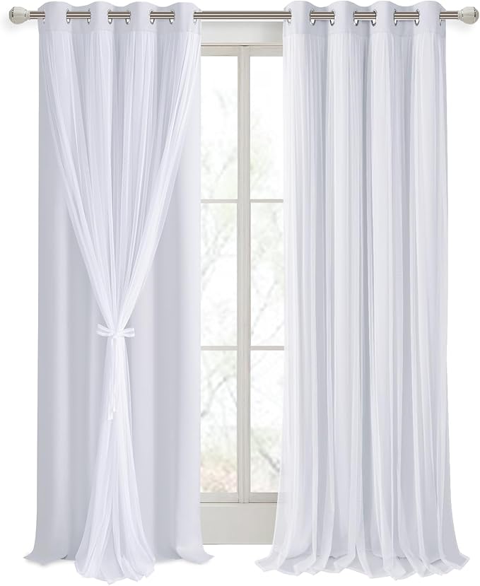 DWCN White Blackout Curtains with Sheer Overlay Thermal Insulated Mix & Match Double Layer Window Panels for Bedroom Living Room Drape Sewn with Tiebacks Grommet Top 52" Wx108 Lx2