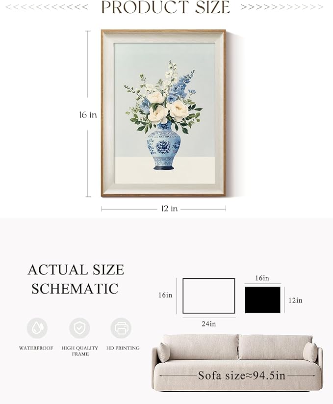 ARPEOTCY Framed Canvas Wall Art, 12x16 Inch Vintage Blue and White Vase Floral Painting, Chinoiserie Peony Still Life Wall Decor for Kitchen, Dining Room, or Bedroom
