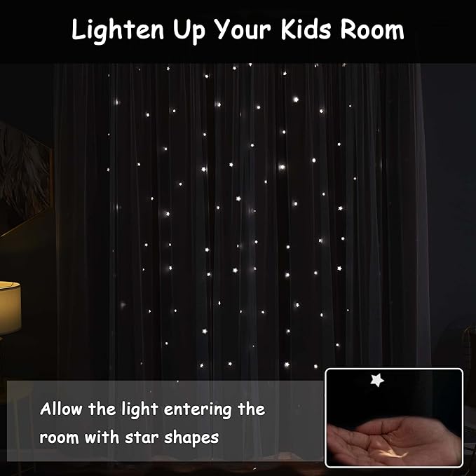 Kinryb Princess Curtains for Girls Bedroom with Sheer Overlay,Double Layer Curtain for Living Room with Star Cutout, Curtains for Kids Room (52 W*84 L Inches,2 Pcs Coral)
